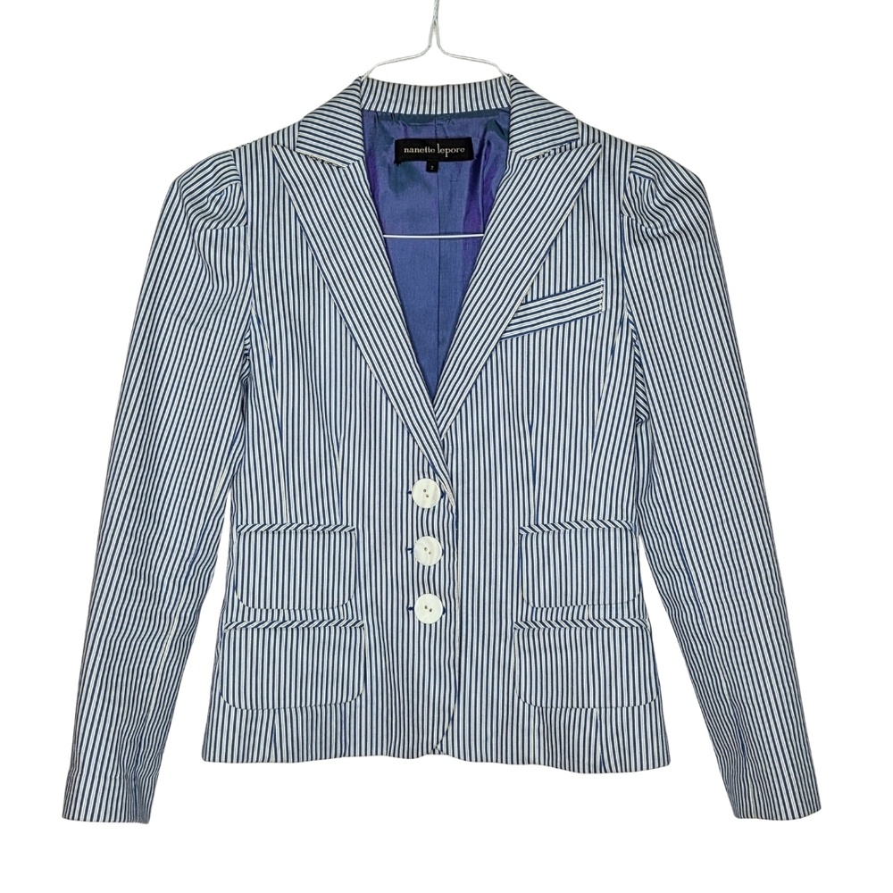 Nanette Lepore Women's Striped Structured Blazer Blue and White Size 2